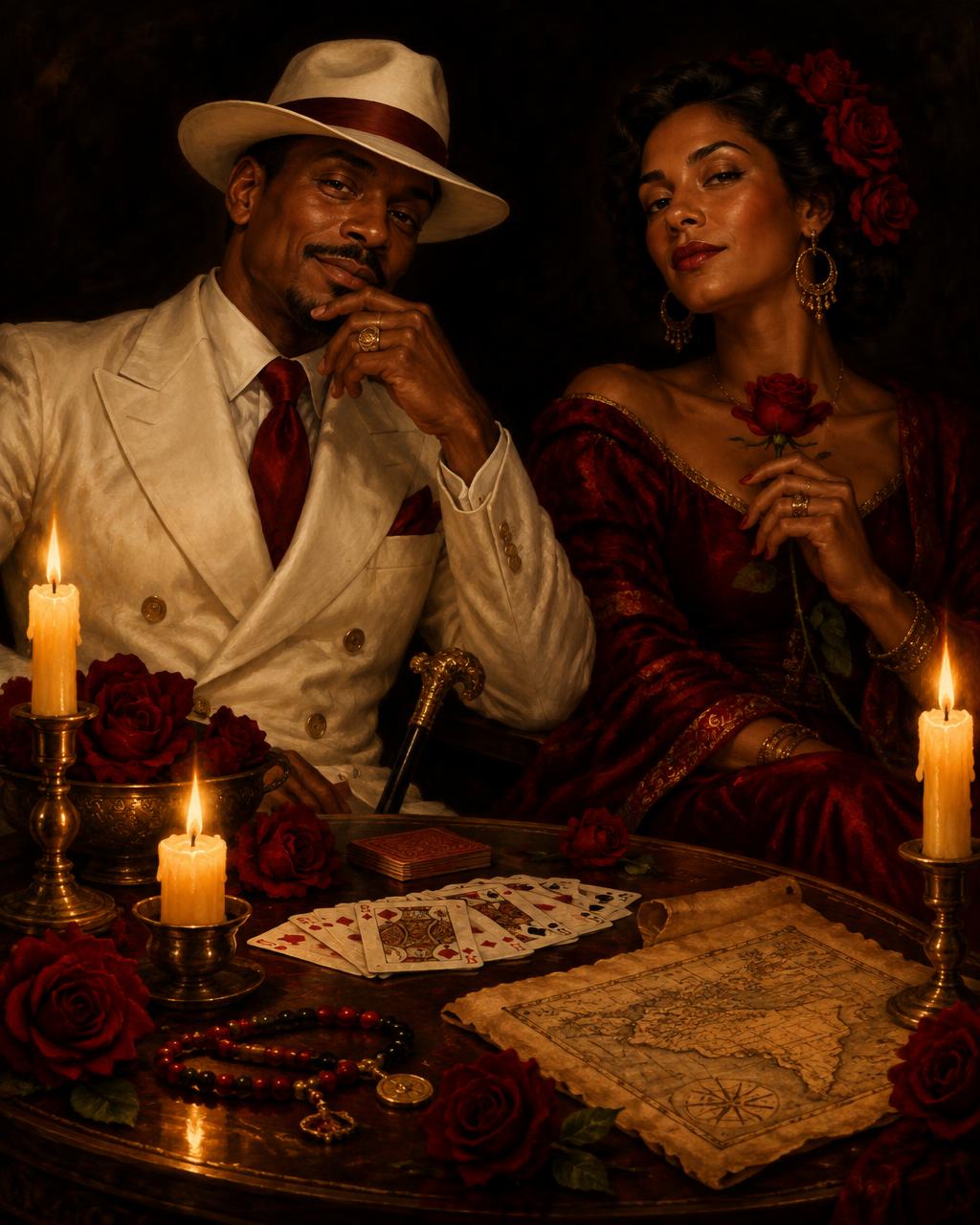 Zé Pilintra de terno branco e chapéu ao lado de Maria Navalha, de vestido vermelho, com rosas, cartas, velas e mapa antigo sobre a mesa