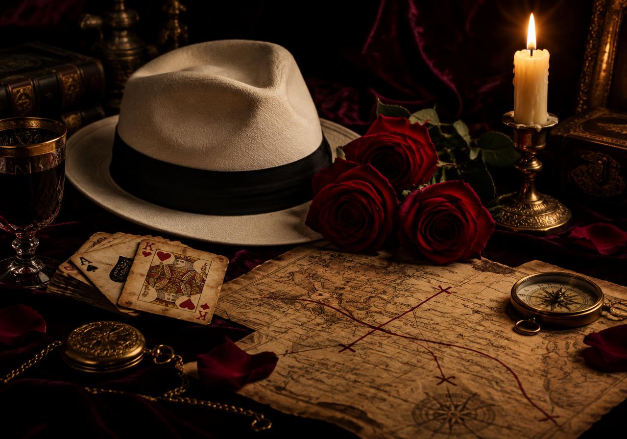 Chapéu branco, rosas vermelhas, cartas e mapa antigo à luz de vela